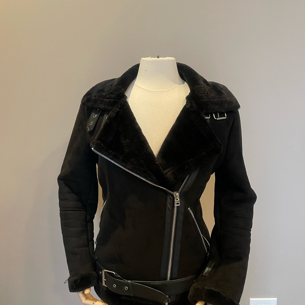Topshop Black Leather Biker Jacket with Asymmetrical Zipper and Built-in Belt